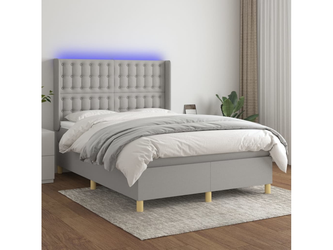 Vidaxl Cama Box Spring C/ Colchão E Led 140x200 Cm Tecido Cinza-claro