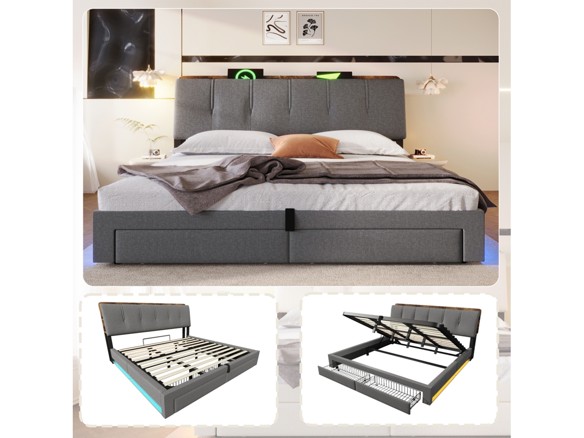 Cama Estofada 180x200 Cm, Armazenamento Hidráulico, Led, Usb c, App Control, Cinzenta VSOGA