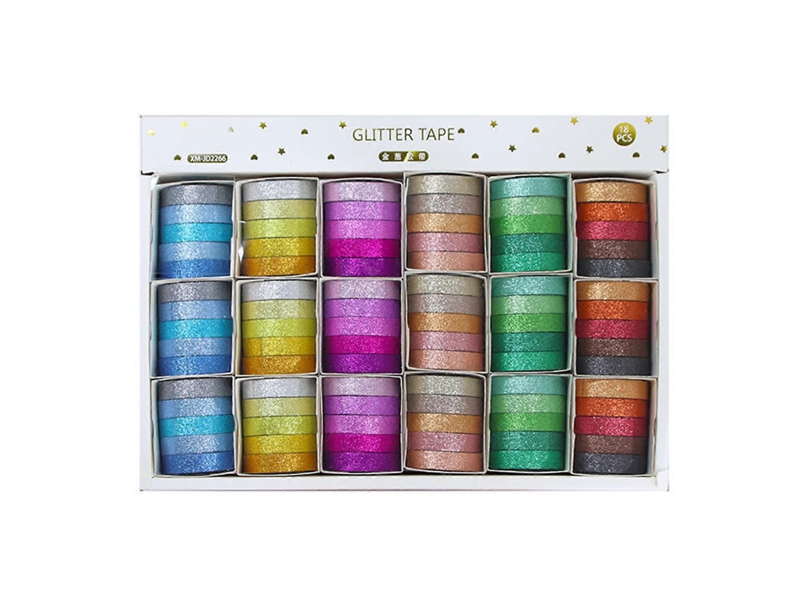 Fita Adesiva Decorativa em Caixa com 18 Unidades, de Papel Glitter, Washi, para Tra Balhos Manuais, Adesiv GOKOCO