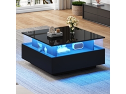Mesa Centro Led 70*70*41cm, Alto Brilho, 2gavetas, Transparente, Carga 30kg, Sala Cs