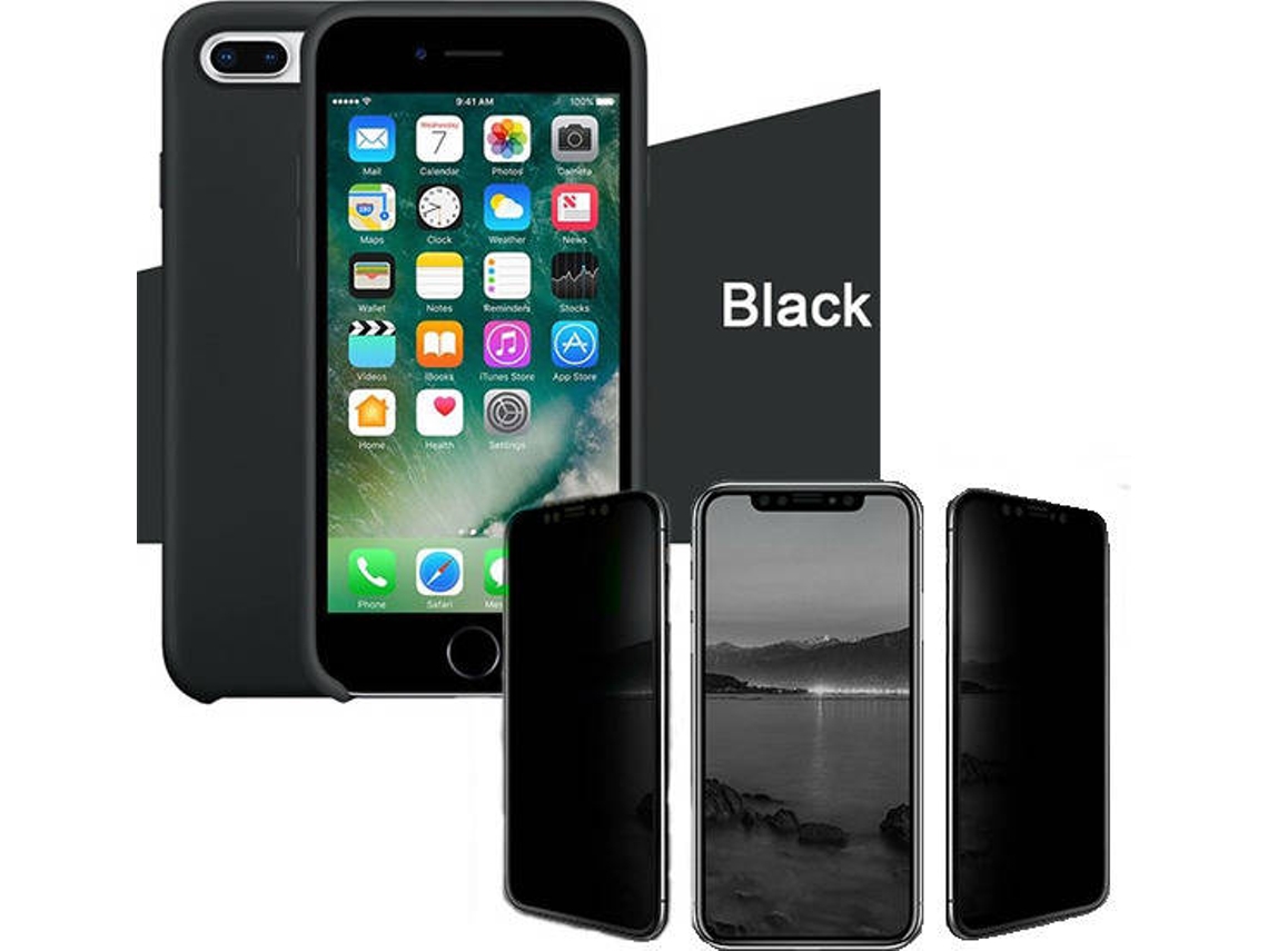 Kit Capa e Película de Vidro 5D Anti-Spy iPhone 7 Plus, 8 Plus Silicone Líquido Preto