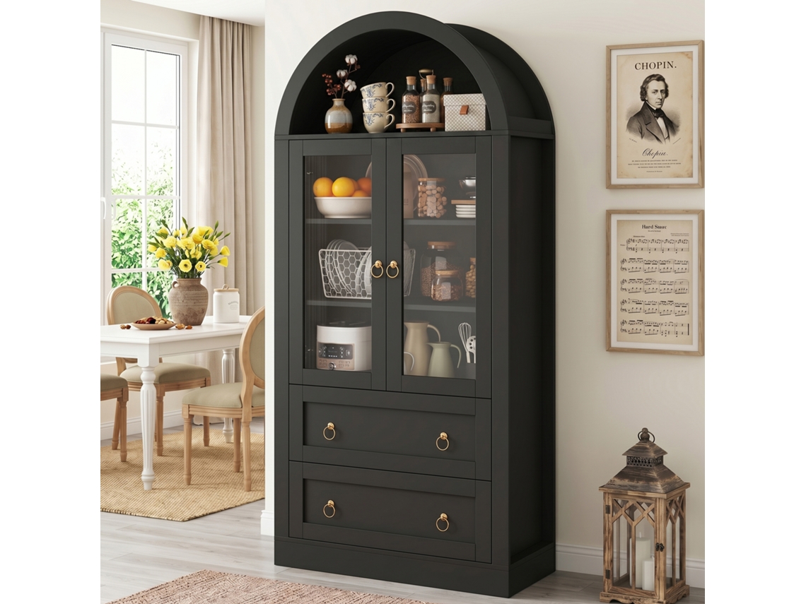 Armário Alto Abaulado 80×36×170cm Com Gavetas E Portas Envidraçadas Para Cozinha E Sala Cor Preta