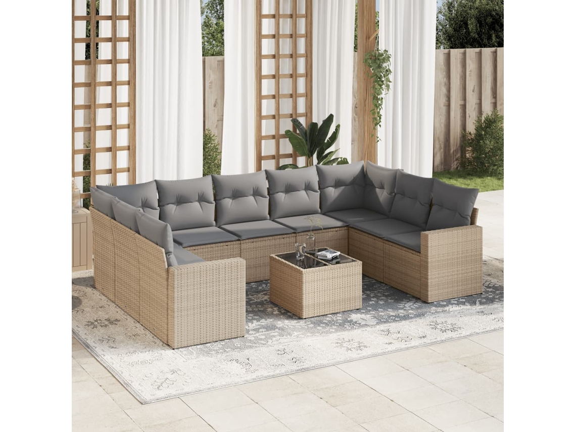Vidaxl 10 Pcs Conjunto De Sofás P/ Jardim Com Almofadões Vime Pe Bege
