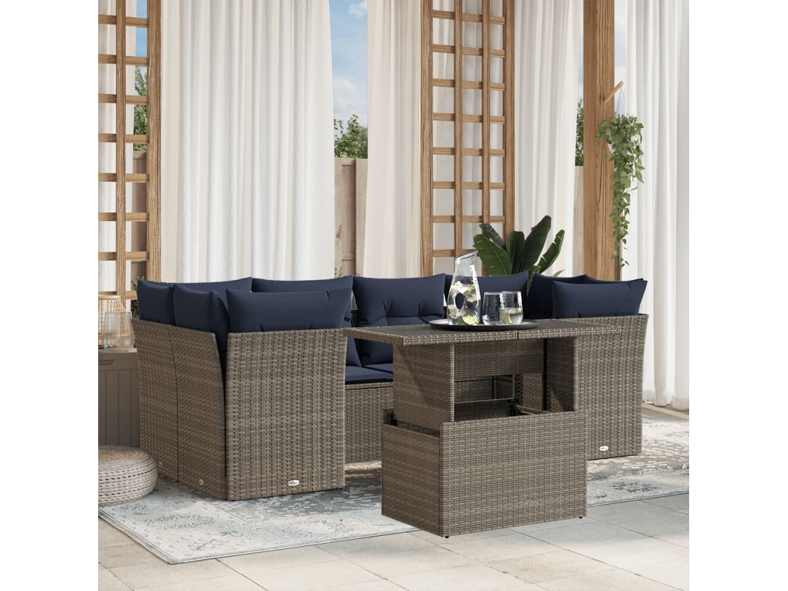 Vidaxl Conjunto De Sofá De Jardim Com 7 Peças E Almofadas Em Rattan Sintético Cinza