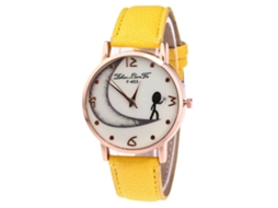 Relógio analógico de quartzo com pulseira de PU para mulheres e homens, mostrador amarelo com efeito luar.