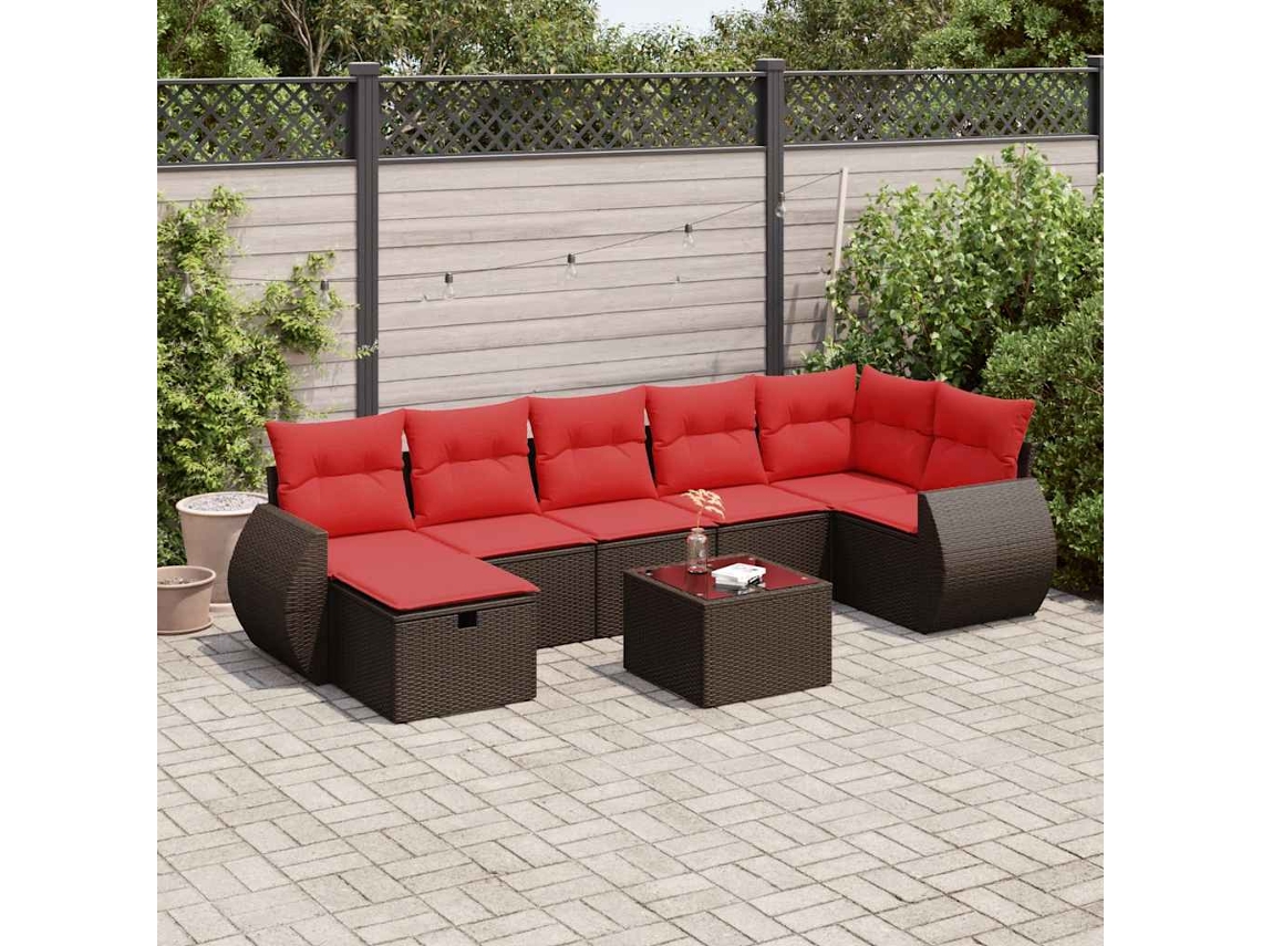 Vidaxl 8 Pcs Conjunto Sofás De Jardim C/ Almofadões Vime Pe Castanho