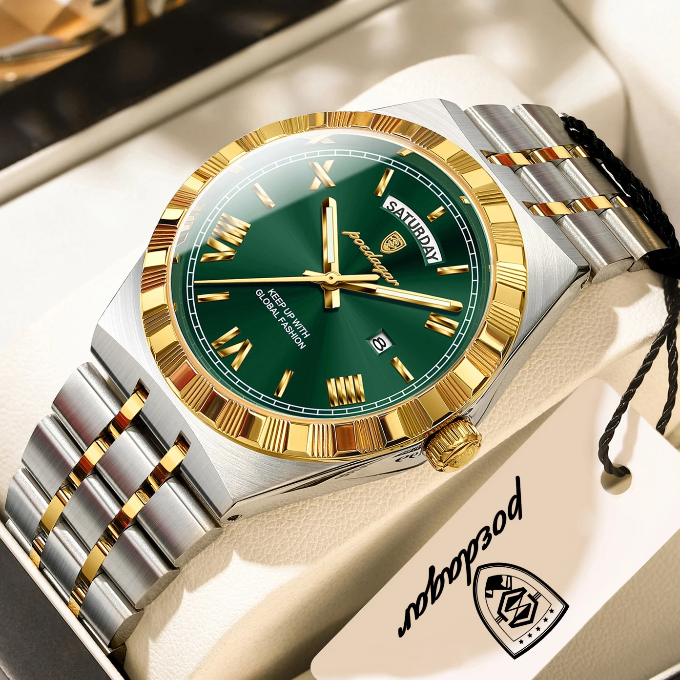 Relógio masculino (dourado e verde), com exibição de dia e data, à prova d'água e luminoso, relógio de quartzo de aço inoxidável de alta qualidade.