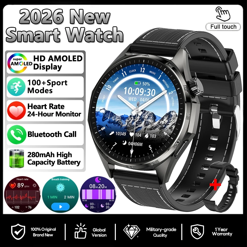 (pulseira De Couro Preta) Smartwatch, Gps, Nfc, Monitoramento De Saúde, Monitoramento De Frequência Cardíaca, Chamadas Bluetooth