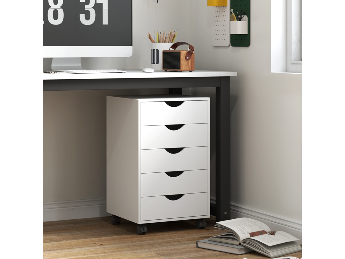 Cajonera Oficina Con Ruedas Y 5 Cajones Archivador Móvil, Para Estudio Salón 40x40x67 Cm Blanco