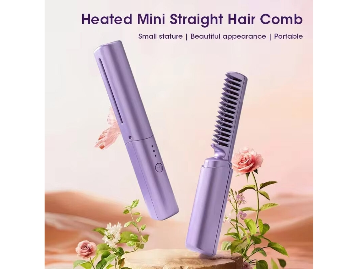 Escova De Cabelo Elétrica Portátil Mini Roxa Com Dupla Função: Alisador E Modelador De Cabelo Carregamento Usb E Temperatura Ajustável