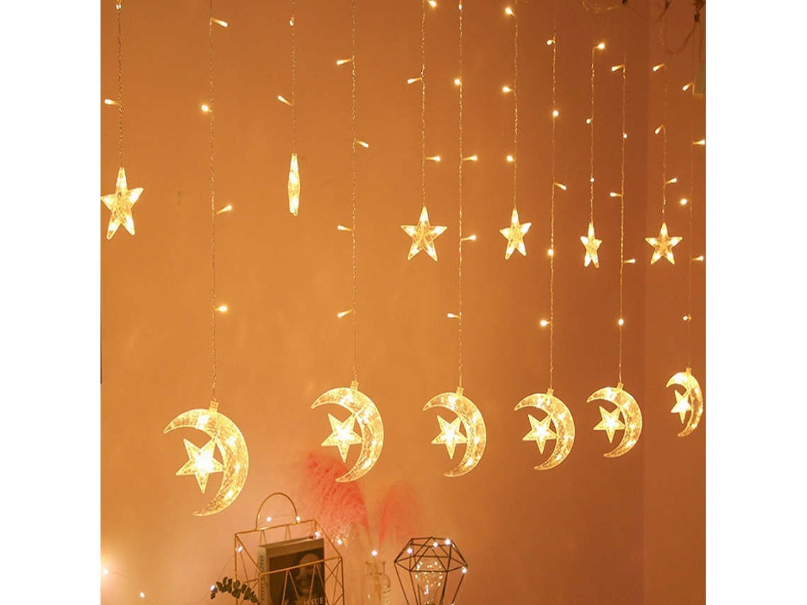 Luzes Led Ramadan - Fio Luminoso Led - Cortina Estrelas E Lua - 3,5 M - Amarelo - Pvc
