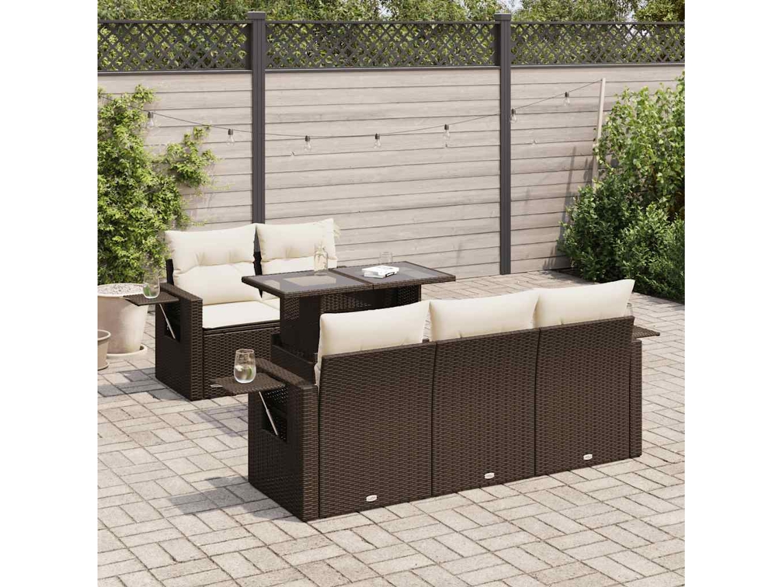 Vidaxl 6 Pcs Conjunto De Sofás Jardim C/ Almofadões Vime Pe Castanho