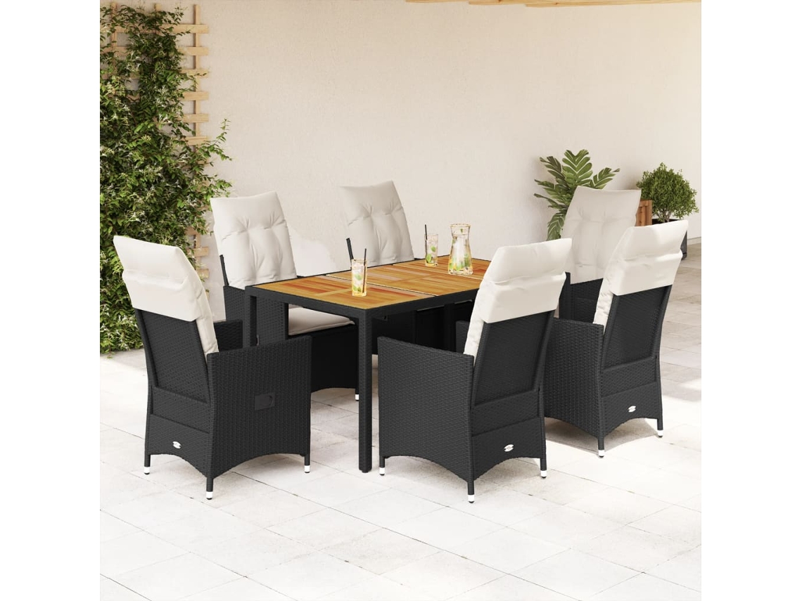 Conjunto 7 Peças Jantar P/ Jardim C/ Almofadões Vime Pe Preto Dkd Home Decor