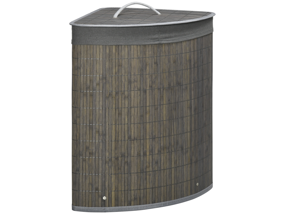 Cesto Quadrado Roupa Suja 55l Bambu Tampa Saco 38x38x57cm Cinza BRAVENTO
