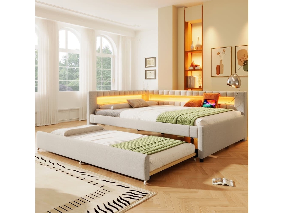 Sofá-cama 90x200 Cm - Led Com Comando, Armazenamento Hidráulico, Usb+type-c - Bege