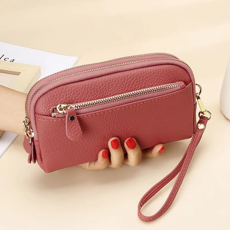 Carteira/clutch Feminina Nova Em Couro Legítimo Com Zíper Duplo (vermelho Claro).
