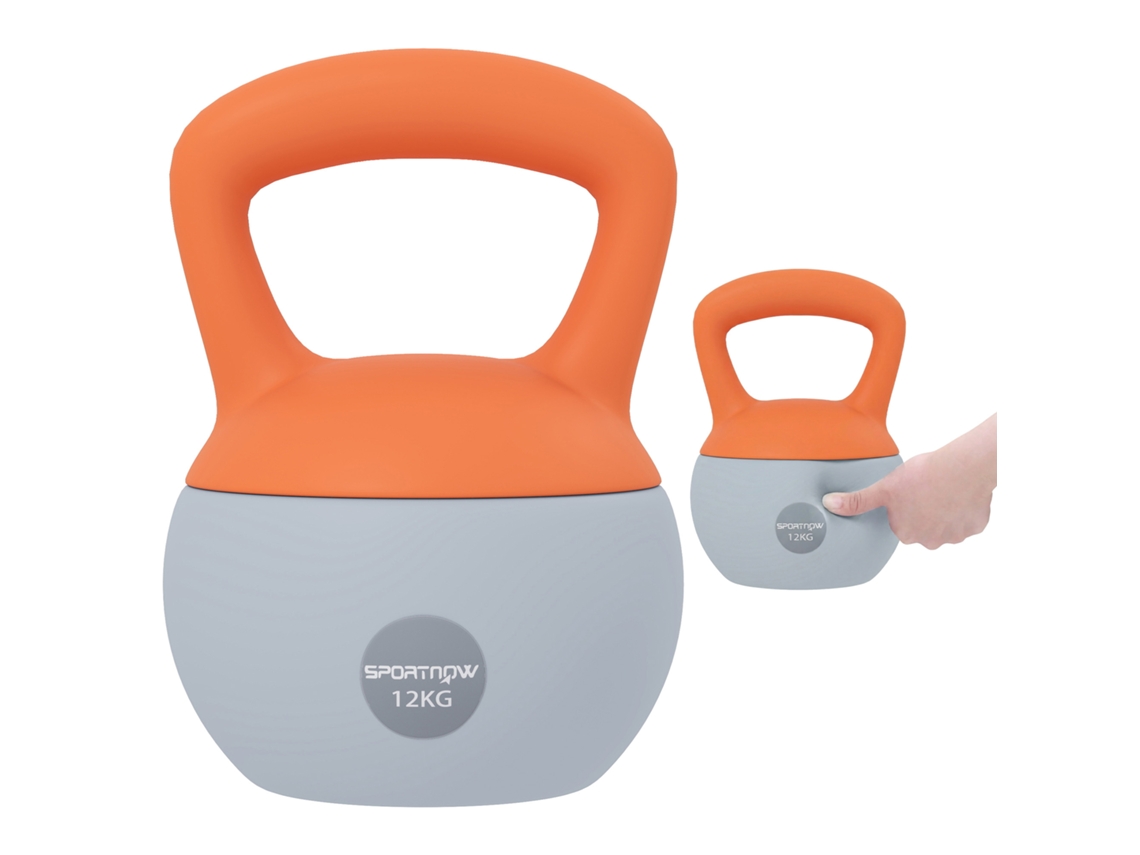 Kettlebell de 12 Kg com Enchimento de Areia, Alça de Metal Antiderrapante para Uso Doméstico, 21x21x30 Cm, Laranja e Cinza.