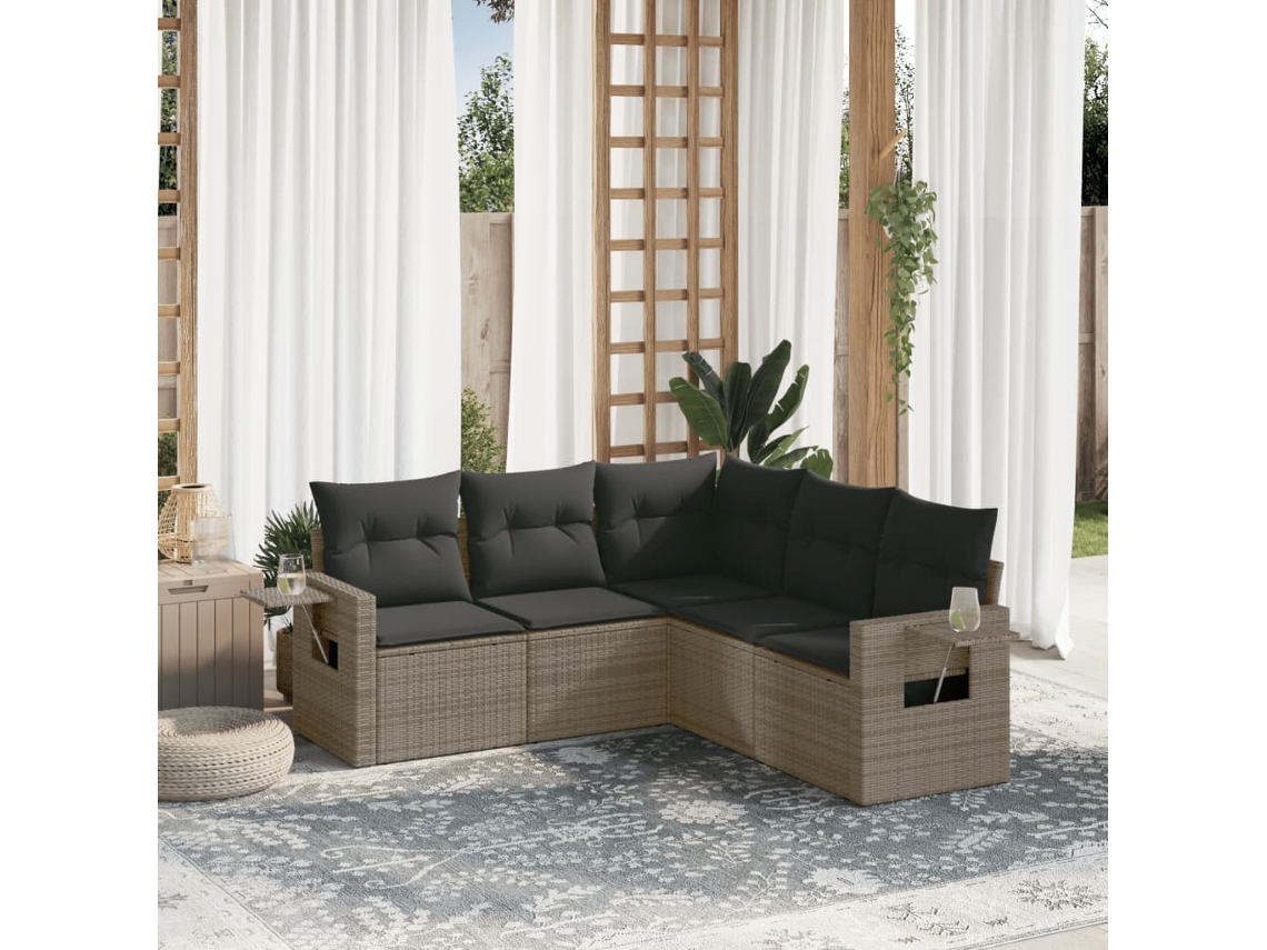 Vidaxl 5 Pcs Conjunto Sofás De Jardim C/ Almofadões Vime Pe Cinzento