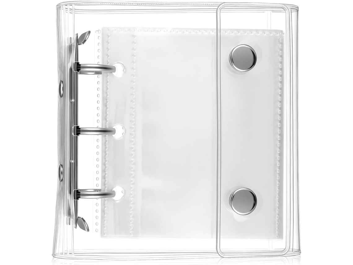 Pasta transparente flexível A8 com anéis redondos, 21 divisórias internas e espaço para datar, ideal para uso não comercial.