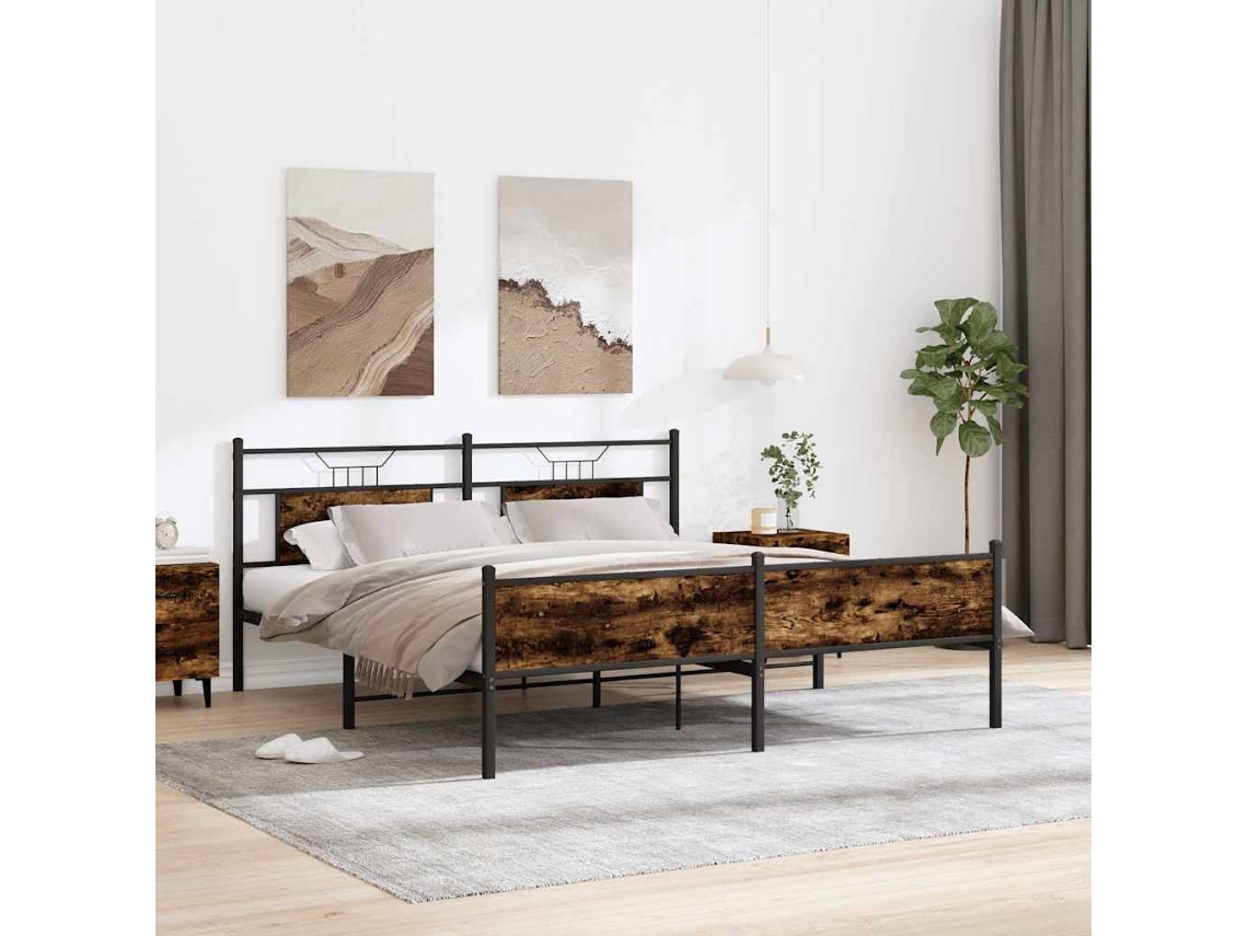 Vidaxl Estrutura De Cama Sem Colchão 160x200 Cm Metal Carvalho Fumado