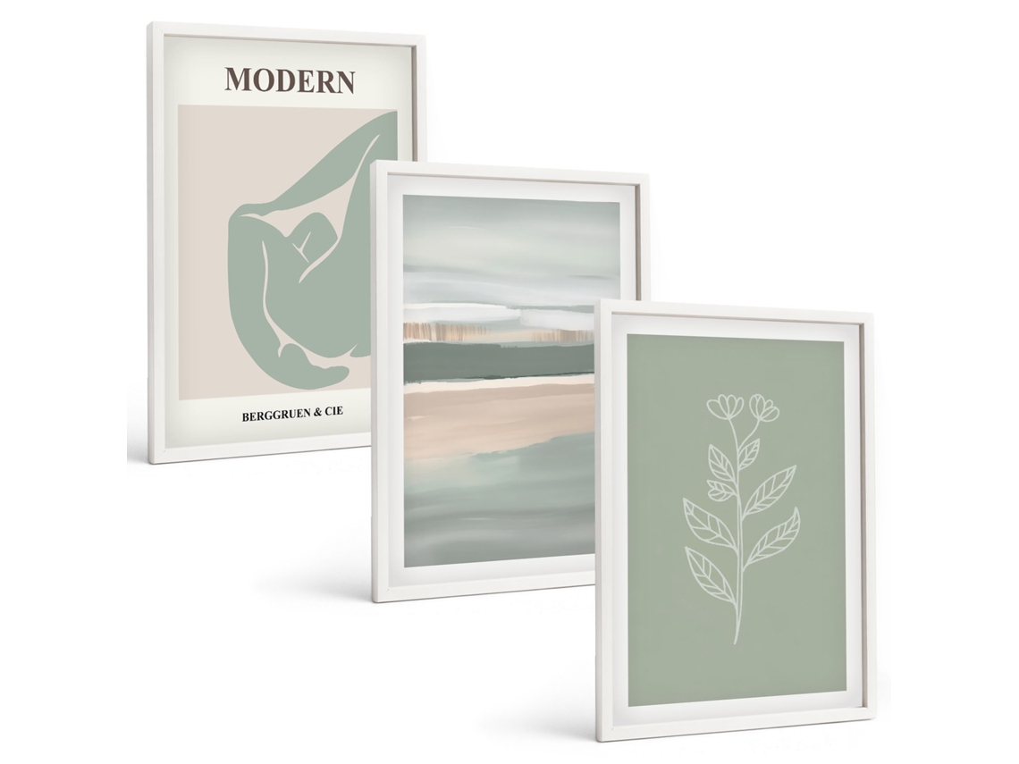 Conjunto De Pinturas Formas Abstratas De Plantas Em Tons Pastel Moldura Branca Imagens Para Um Quarto Infantil Espelharte (3 Piezas De 40x60 Cm)