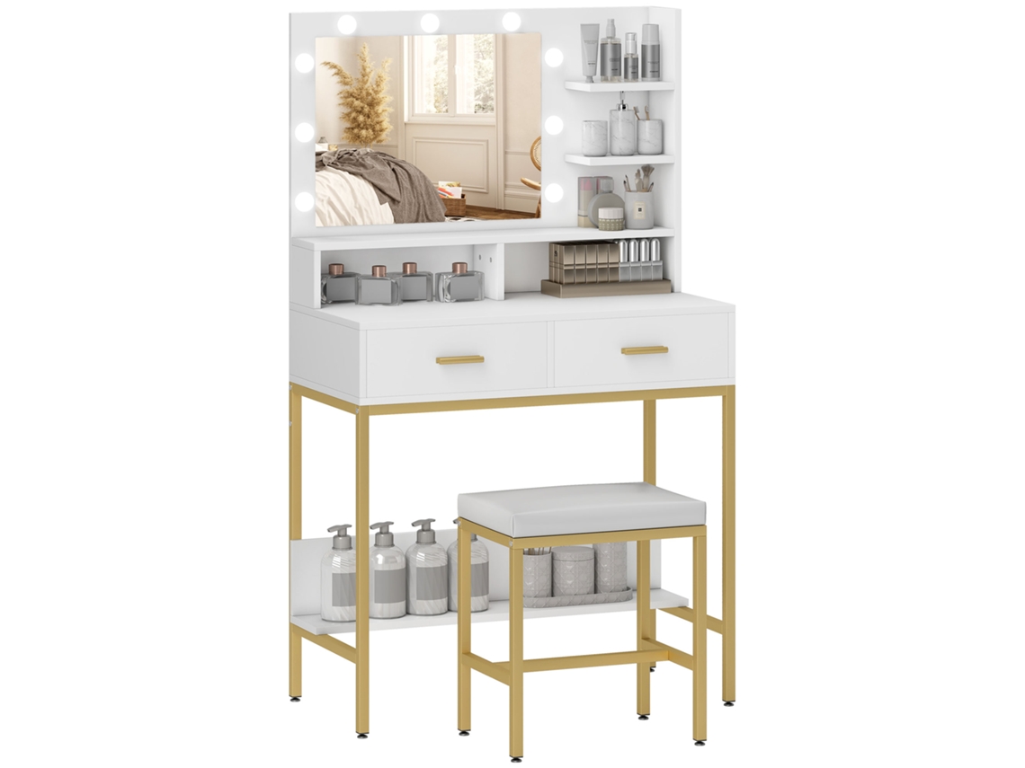 Mesa de maquiagem branca com luz,com tabuleiro,2 gavetas e estantes BTFORUS