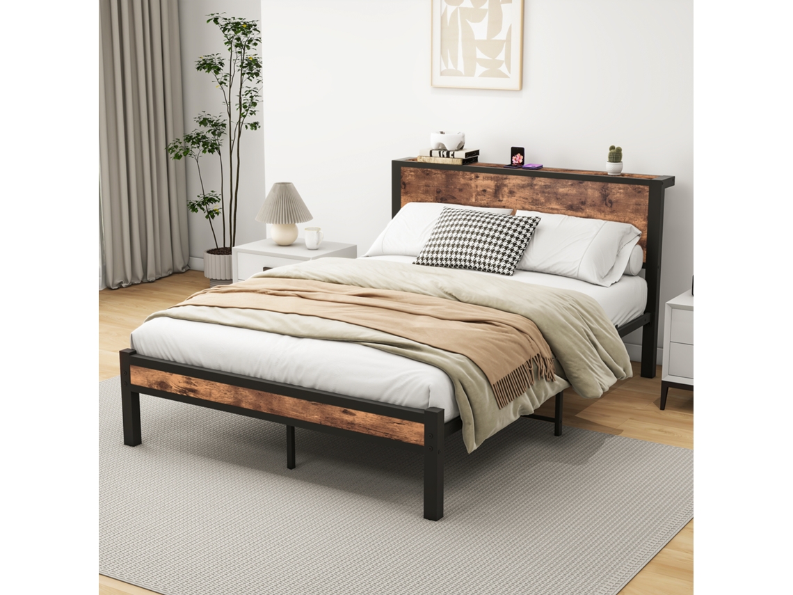 Cama De Metal 140x200 Cm Com Armário Vintage Marrom Silenciosa