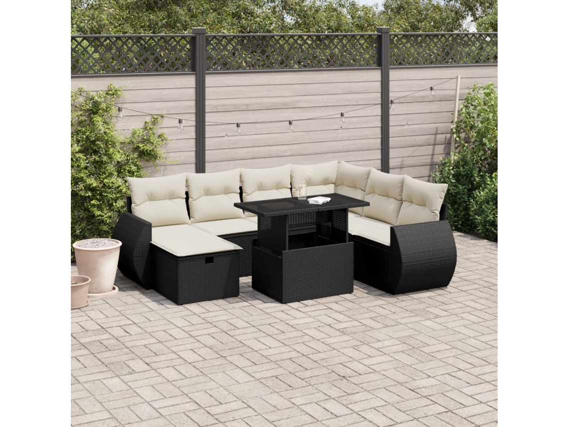 Vidaxl 8 Pcs Conjunto Sofás De Jardim Com Almofadões Vime Pe Preto