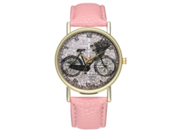 Relógio casual moderno para homens e mulheres, com design de bicicleta e pulseira de couro rosa.