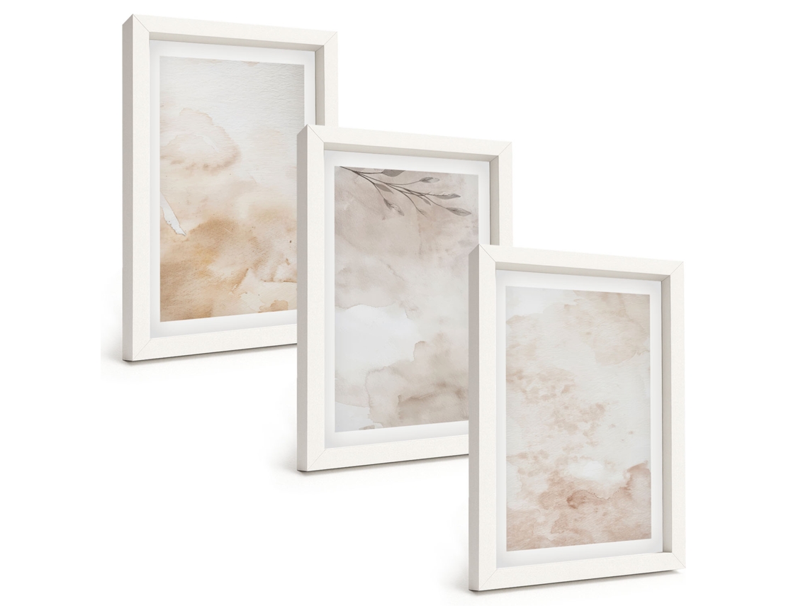 Quadros Decorativos Para Parede Aquarela, Folhas Em Tons Pastel Moldura Branca Quadros Para O Escritório Espelharte (3 Peças 20x30 Cm)