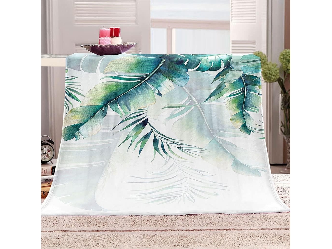Manta com Estampa de Folhas Verdes em Microfibra 150x150cm