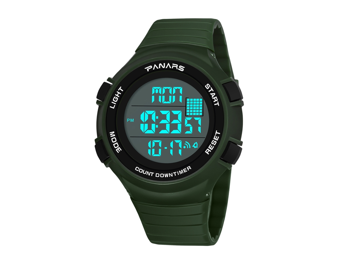 Relógio esportivo eletrônico masculino Panars, à prova d'água, luminoso, verde militar.