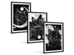 Galeria De Pinturas Murais Gatos Pretos, Lua, Espaço Moldura Preta Imagens Para Um Quarto Infantil Espelharte (3 Piezas De 40x60 Cm)