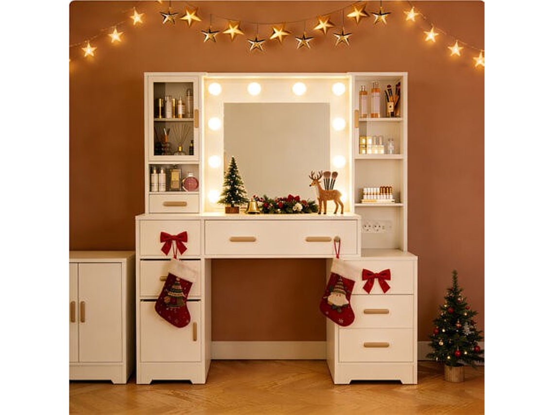 Penteadeira com espelho, iluminação LED ajustável em 3 cores, porta USB, 10 gavetas, branca ESSÊNCIACASA