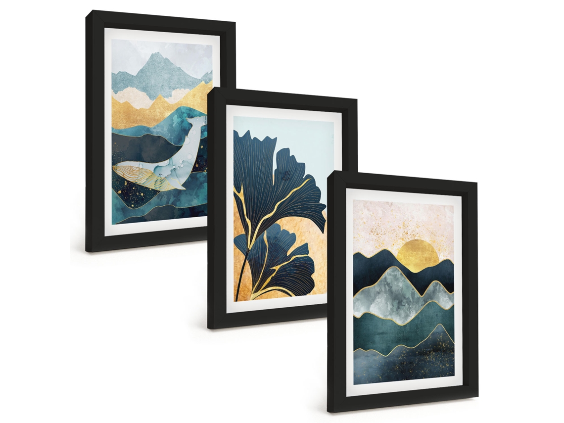 Conjunto De Pinturasvistas Abstratas De Montanhas Moldura Preta Quadros Para A Sala De Estar Espelharte (3 Peças 20x30 Cm)