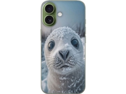 Capa Para Celular Compatível Com Apple Iphone 17. Detalhe Em Close De Uma Foca Fofa Coberta De Neve, Tema De Inverno Com Animais E Olhos Grandes.