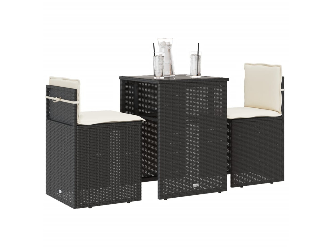 Vidaxl 3 Pcs Conjunto de Bistrô com Almofadões Vime Pe Preto
