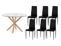 Conjunto Mesa Redonda em Vidro Temperado 120Cm 6 Cadeiras Couro Sintético/Metal Preto SALDOSYSTOCKS