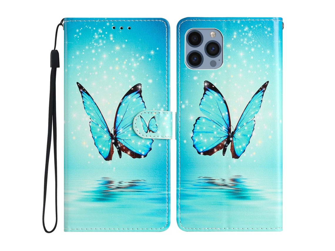 Capa Pega Borboleta Para Iphone 15 Pro Max Pele Sintética Azul