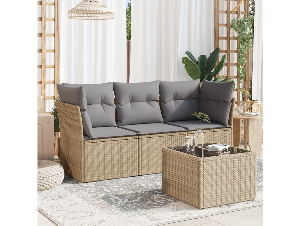 Vidaxl 4 Pcs Conjunto De Sofás Para Jardim C/ Almofadões Vime Pe Bege