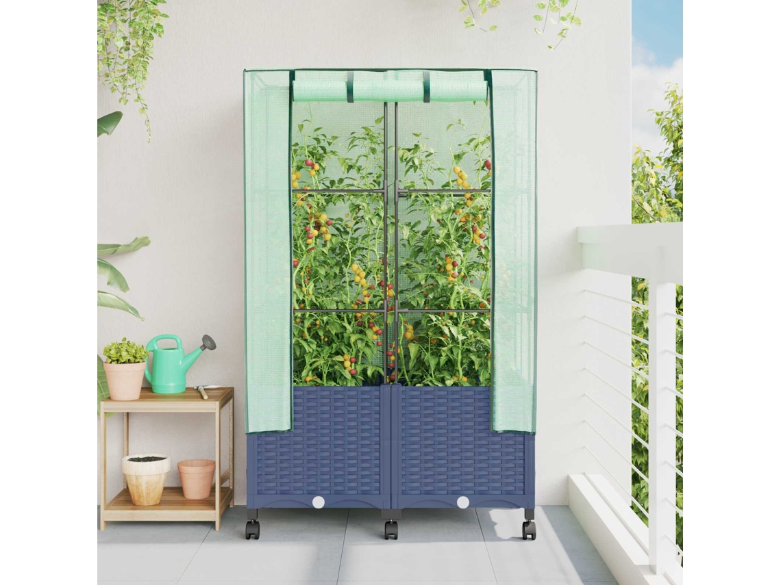 Vidaxl Jardineira Com Cobertura De Estufa E Rodas 2 Unid. Cinza Azul