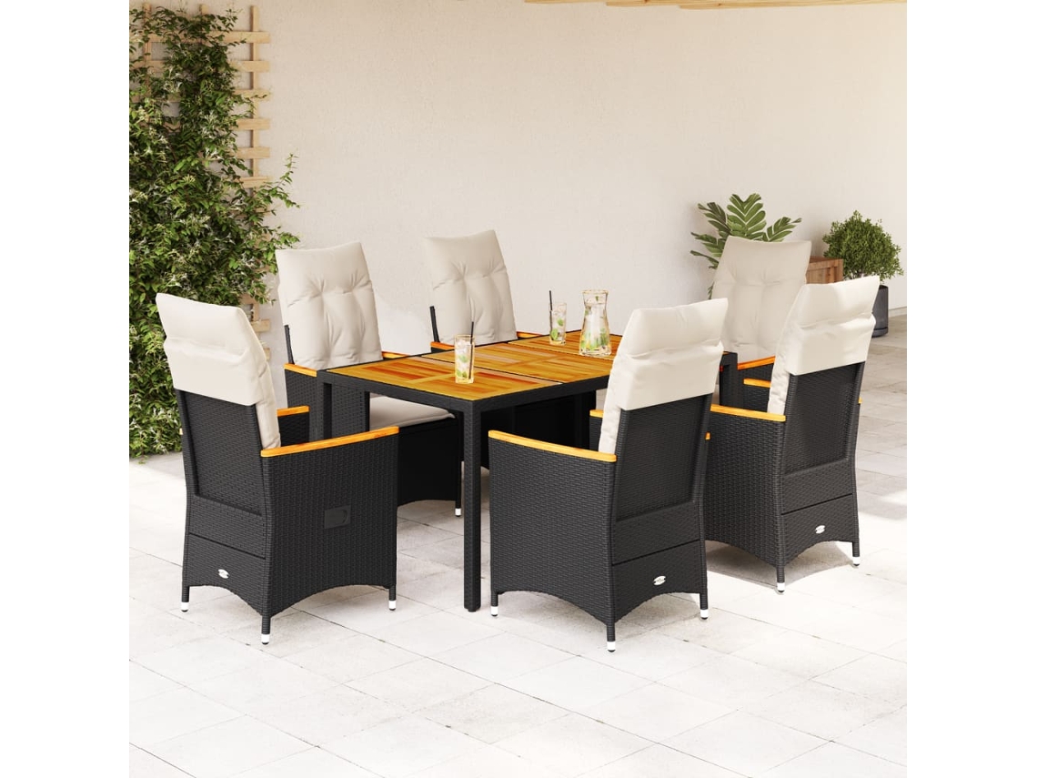 Vidaxl 7 Pcs Conjunto De Jantar P/ Jardim C/ Almofadões Vime Pe Preto