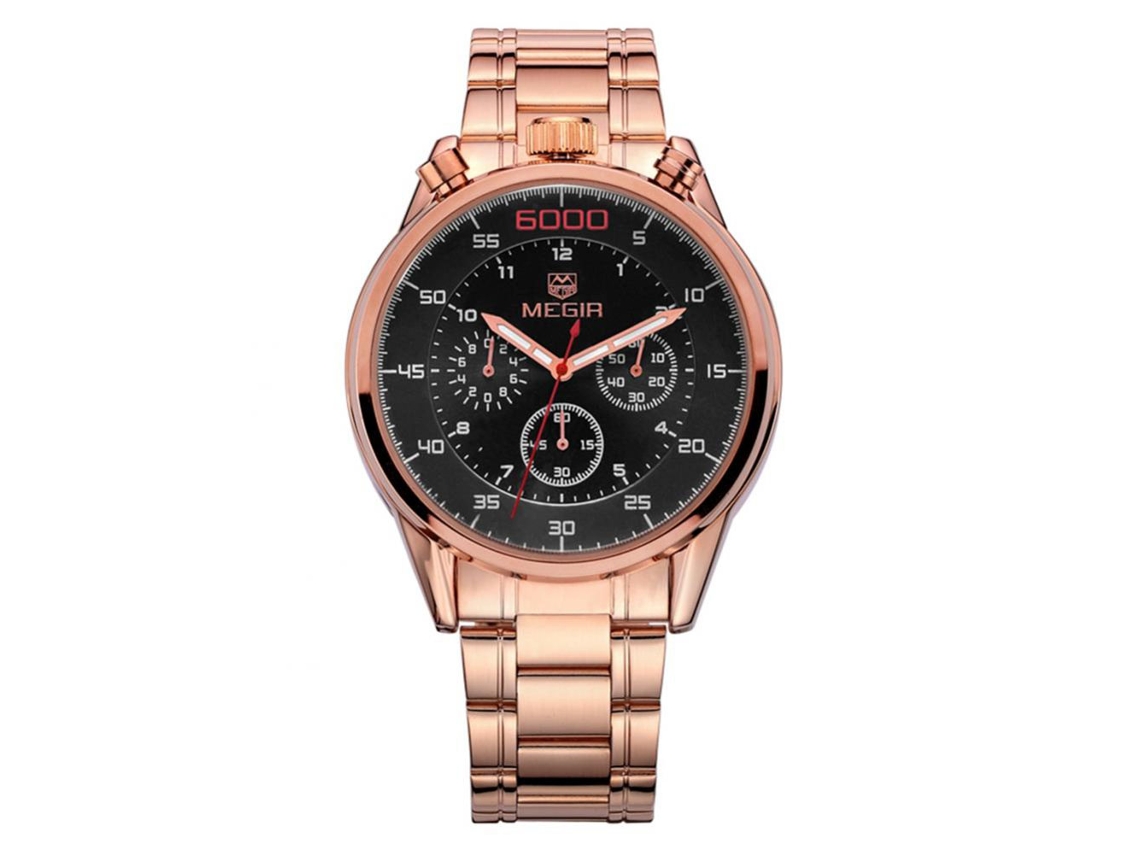Relógio de pulso analógico de quartzo Megir Fashion Style à prova d'água com pulseira de aço em ouro rosa e mostrador preto.