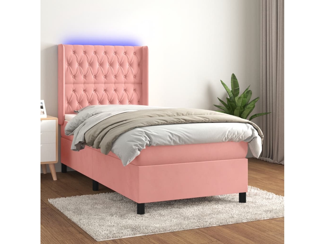 Cama Box Spring C/ Colchão/led 90x200 Cm Veludo Rosa
