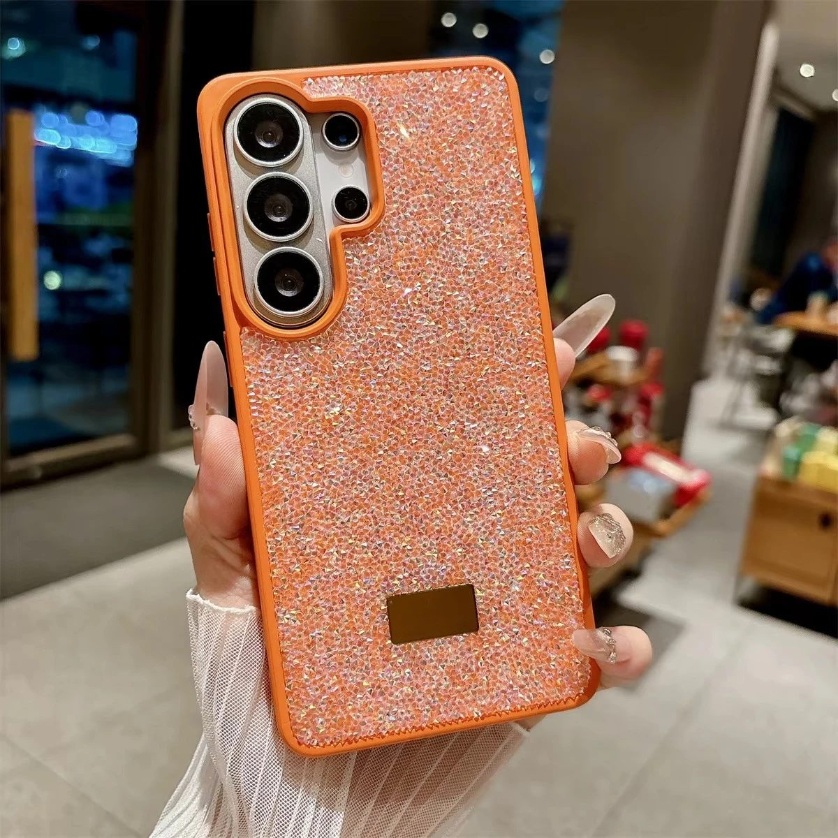 (laranja, Galaxy S24) Capa Brilhante Para Celular Samsung, Com Logo Metálico Na Parte Traseira E Proteção Completa.