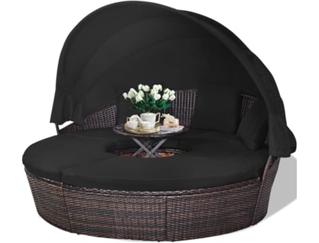 Espreguiçadeira de Vime para Jardim Dossel Dobrável Cama de Ilha Ao Ar Livre com Mesa Ajustável em Altura Proteção Uv COSTWAY