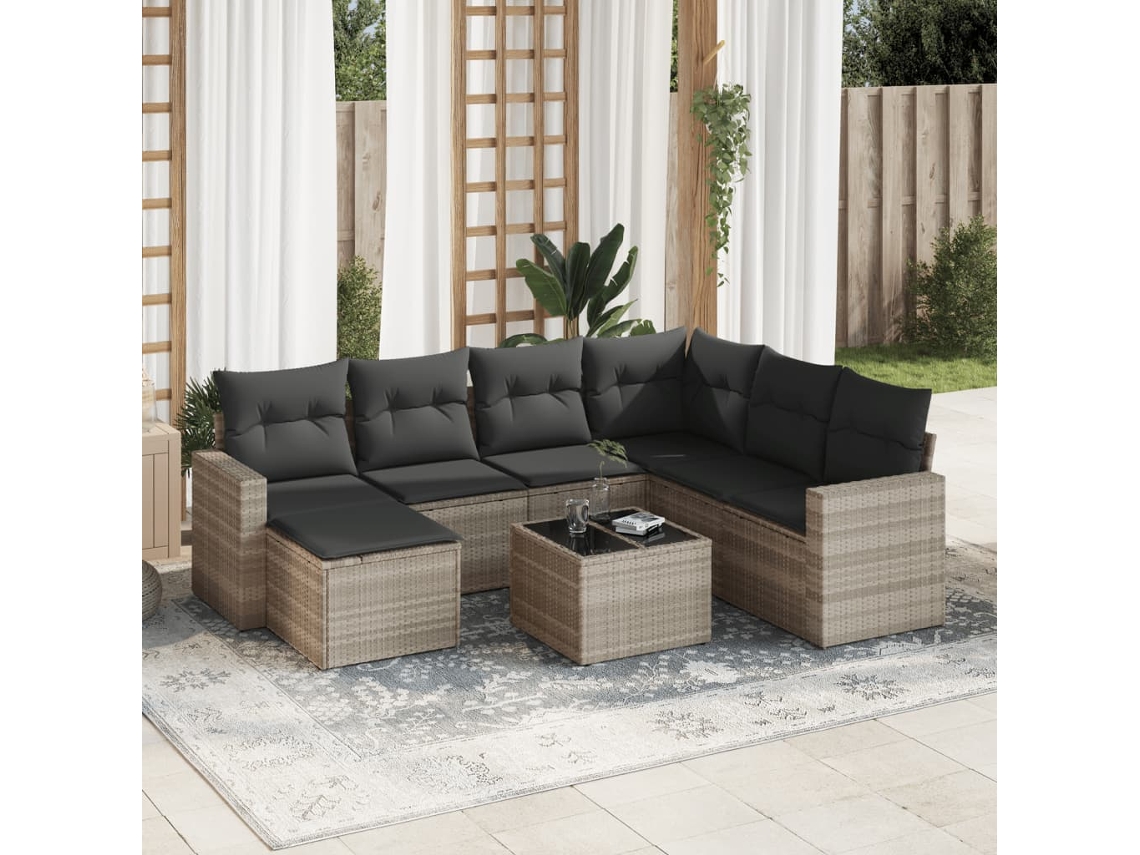 Vidaxl 8 Pcs Conj. Sofás Jardim C/ Almofadões Vime Pe Cinzento-claro