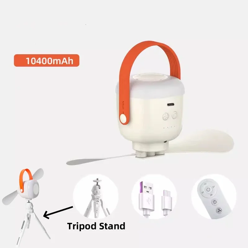 Ventilador portátil para camping com alça para transporte, controle remoto e funções de ventilação. Possui 4 velocidades de vento e luz noturna.