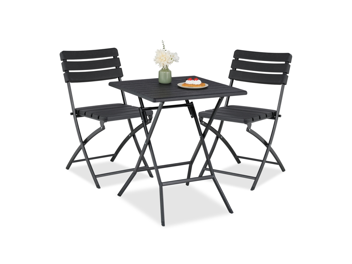 Conjunto De Mobiliário De Varanda Relaxdays, 3 Peças, 1 Mesa E 2 Cadeiras, Dobrável, Jardim Em Madeira E Aço, Preto