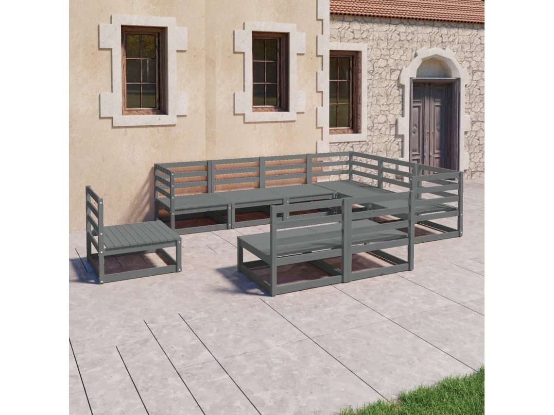 Vidaxl 9 Pcs Conjunto Lounge De Jardim Pinho Sólido Cinzento